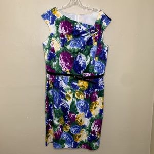 DRESSBARN Dress Yellow Purple Asymmetrical Rosette Neckline Belted Sheath 14